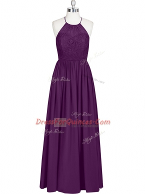 Unique Halter Top Sleeveless Zipper Prom Dresses Eggplant Purple Chiffon
