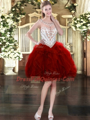 Luxury Wine Red Organza Zipper Party Dress Sleeveless Mini Length Beading and Ruffles