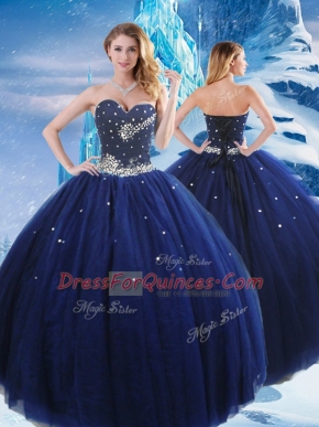 Trendy Navy Blue Sleeveless Tulle Lace Up Sweet 16 Dress for Military Ball and Sweet 16 and Quinceanera