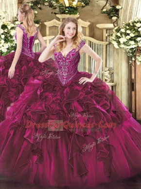 Floor Length Fuchsia Vestidos de Quinceanera Organza Sleeveless Beading and Ruffles