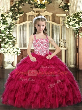 Red Organza Lace Up Straps Sleeveless Floor Length Kids Formal Wear Beading and Ruffled Layers