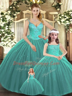 Nice Turquoise Lace Up 15 Quinceanera Dress Beading Sleeveless Floor Length