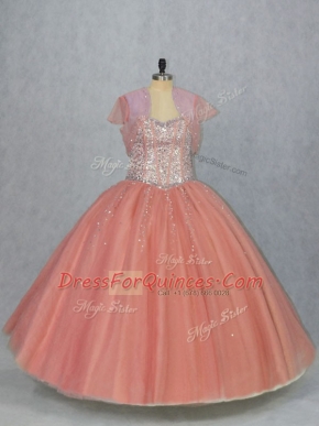 Watermelon Red Sleeveless Beading Floor Length Quinceanera Dresses