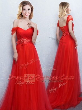 Off the Shoulder Red Empire Appliques and Ruching Dama Dress for Quinceanera Lace Up Tulle Sleeveless With Train