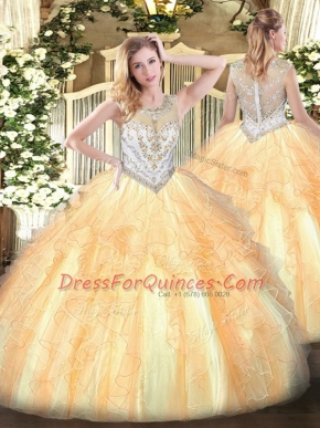 Glamorous Gold Ball Gowns Scoop Sleeveless Tulle Floor Length Zipper Beading and Ruffles Quinceanera Gown