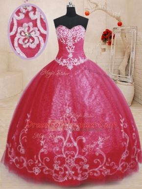 Red Tulle Lace Up Ball Gown Prom Dress Sleeveless Floor Length Beading and Embroidery