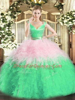 Pretty Multi-color Zipper V-neck Ruffles Ball Gown Prom Dress Organza Sleeveless