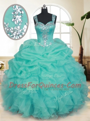Straps Turquoise Zipper 15 Quinceanera Dress Beading and Ruffles and Pick Ups Sleeveless Floor Length