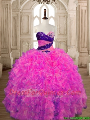 Inexpensive Big Puffy Hot Pink Quinceanera Dress with Beading and Ruffles