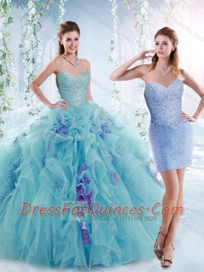 Cheap Beaded Bodice and Ruffled Detachable Quinceanera dresses in Aquamarine