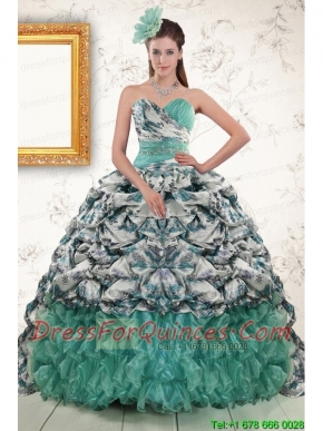 2015 Exquisite Turquoise Sweep Train Quinceanera Dresses with Beading and Picks Ups