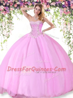 Graceful Floor Length Rose Pink Ball Gown Prom Dress Tulle Sleeveless Beading