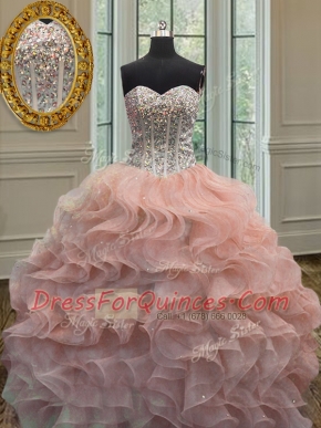 Peach Lace Up Sweetheart Beading and Ruffles Quinceanera Dresses Organza Sleeveless