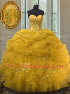 Gold Sleeveless Floor Length Beading and Ruffles and Pick Ups Lace Up Sweet 16 Quinceanera Dress