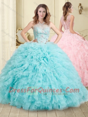 Simple See Through Beaded and Ruffled Sweet 16 Dress in Aqua Blue