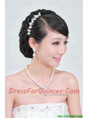 Beautiful Alloy With Peals Wedding Jewelry Set Including Necklace Earrings And Headpiece