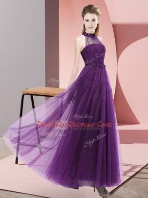 Cheap Dark Purple Empire Beading and Appliques Dama Dress for Quinceanera Lace Up Tulle Sleeveless Floor Length