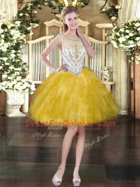 Tulle Scoop Sleeveless Zipper Beading and Ruffles Homecoming Dress in Gold