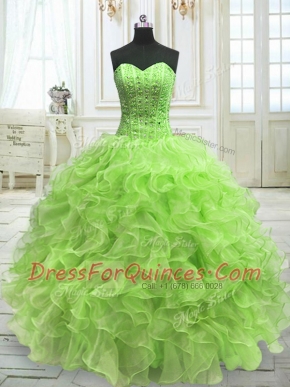 Sleeveless Organza Floor Length Lace Up Quinceanera Gown in Yellow Green with Beading and Ruffles