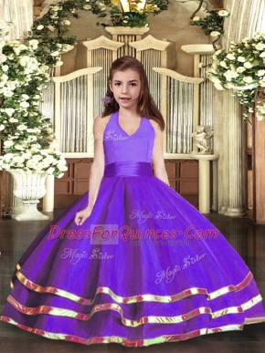 Purple Ball Gowns Ruffled Layers Kids Formal Wear Lace Up Organza Sleeveless Floor Length