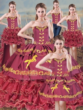 Burgundy Sweetheart Neckline Embroidery and Ruffles Quinceanera Dress Sleeveless Lace Up