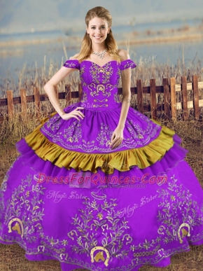Sleeveless Floor Length Embroidery Lace Up Quinceanera Gown with Purple