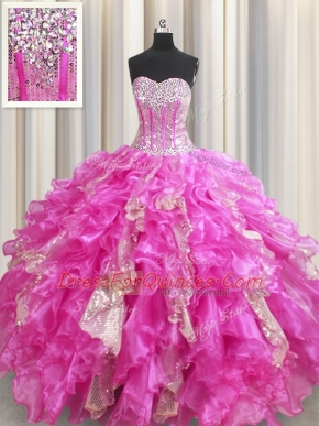 Visible Boning Sleeveless Beading and Ruffles and Sequins Lace Up 15th Birthday Dress