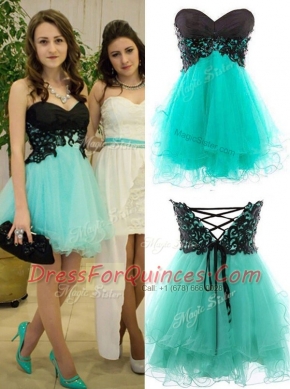 Sleeveless Mini Length Appliques Zipper Prom Dresses with Turquoise