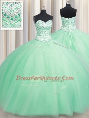 Amazing Sleeveless Tulle Floor Length Lace Up Quinceanera Gowns in Apple Green with Beading