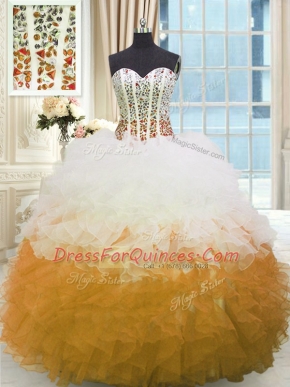 Sexy Sleeveless Floor Length Beading and Ruffles Lace Up Ball Gown Prom Dress with Multi-color