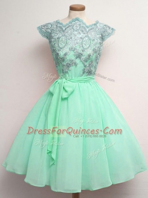 Best Apple Green Vestidos de Damas Prom and Party and Wedding Party with Lace and Belt Scalloped Cap Sleeves Lace Up