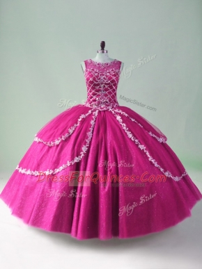 Sleeveless Tulle Floor Length Zipper Quinceanera Gown in Fuchsia with Beading and Appliques