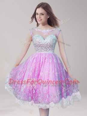 Beauteous Scoop Lace Beading Prom Evening Gown Lilac Backless Sleeveless Knee Length