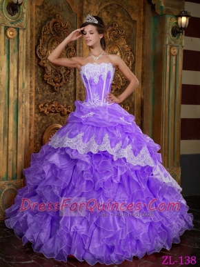 Elegant Purple Ball Gown Strapless Floor-length Ruffles Organza Quinceanera Dress