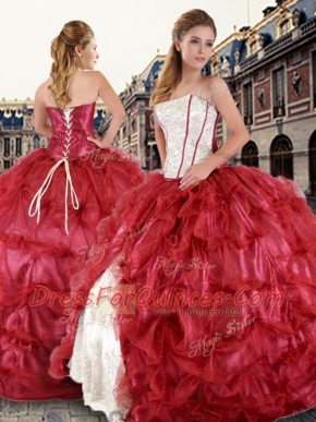 Red Strapless Neckline Beading and Pick Ups Vestidos de Quinceanera Sleeveless Lace Up