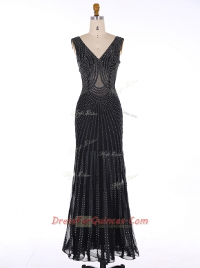 Mermaid Sequins Floor Length Black Prom Evening Gown V-neck Sleeveless Zipper