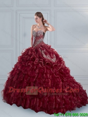 Custom Made Burgundy Sweetheart 2015 Quinceanera Dresses with Embroidery and Ruffled Layers