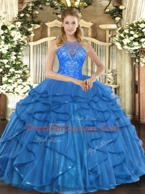 Ideal Sleeveless Organza Floor Length Lace Up Quince Ball Gowns in Teal with Beading and Ruffles