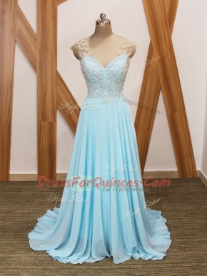 Designer Aqua Blue Prom Dress Chiffon Brush Train Short Sleeves Beading and Ruching
