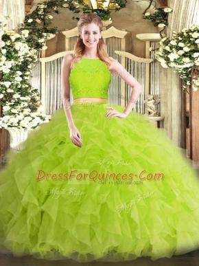 Most Popular Two Pieces Quince Ball Gowns Yellow Green Scoop Tulle Sleeveless Floor Length Zipper