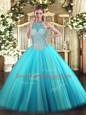 Sophisticated Floor Length Aqua Blue Quinceanera Dress Halter Top Sleeveless Lace Up