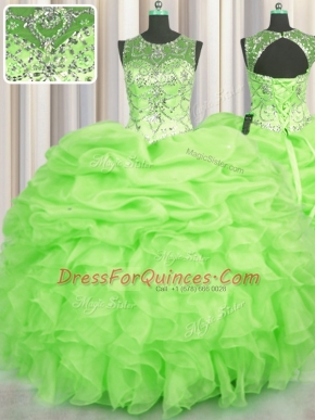 See Through Ball Gowns Scoop Sleeveless Organza Floor Length Lace Up Beading and Ruffles and Pick Ups 15 Quinceanera Dress