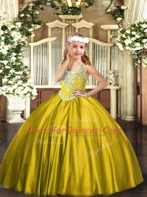 Best Gold Lace Up Kids Pageant Dress Beading Sleeveless Floor Length