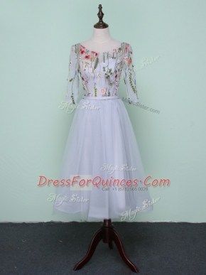 Knee Length Grey Quinceanera Dama Dress Tulle Half Sleeves Embroidery
