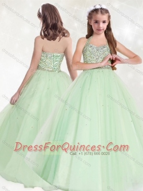 Affordable Halter Top Beaded Mini Quinceanera Dress in Apple Green