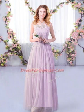 Best Selling Lavender Side Zipper Scoop Lace and Belt Quinceanera Court of Honor Dress Tulle Sleeveless