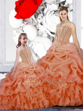 Most Popular Pick Ups Straps Sleeveless Lace Up Quinceanera Dress Orange Organza