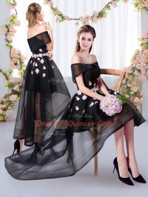 Black Tulle Off The Shoulder Short Sleeves High Low Court Dresses for Sweet 16 Appliques