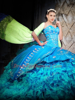 Baby Blue Ball Gowns Sweetheart Sleeveless Organza Brush Train Lace Up Embroidery and Ruffles Quinceanera Dresses
