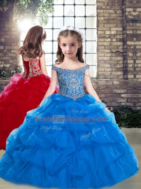 Affordable Blue Off The Shoulder Neckline Beading Girls Pageant Dresses Sleeveless Lace Up